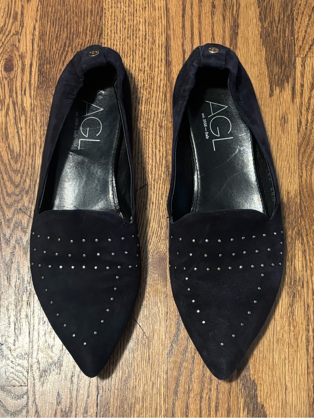 AGL Attilio Giusti Leombruni Navy Blue Suede Studded Pointed Toe Flats Size 39.5